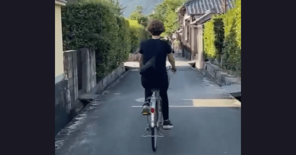 a woman bicycles down a narrow street past tile-roofed Japanese homes